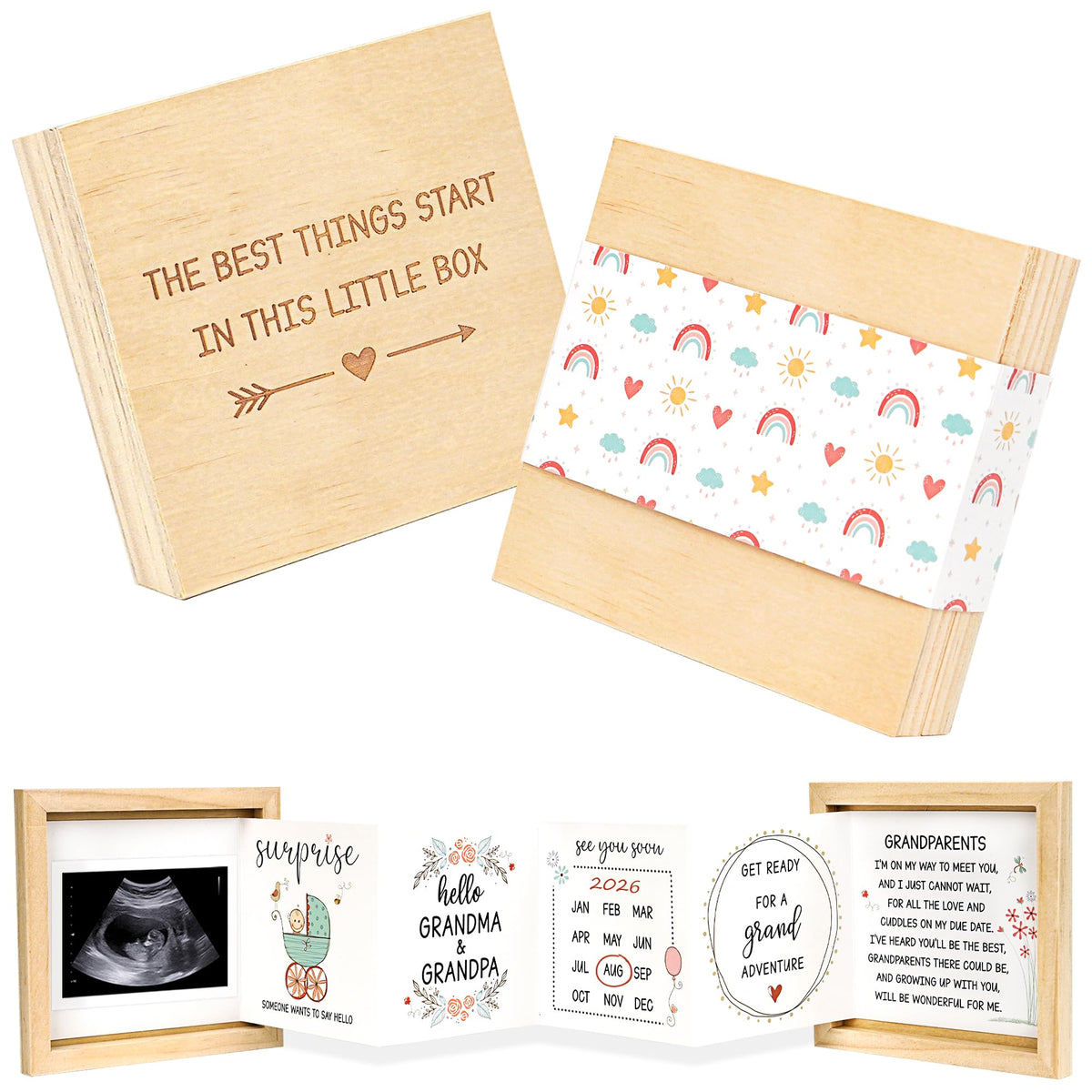Blinking Stars pregnancy announcement wooden keepsake box for grandparent reveal.