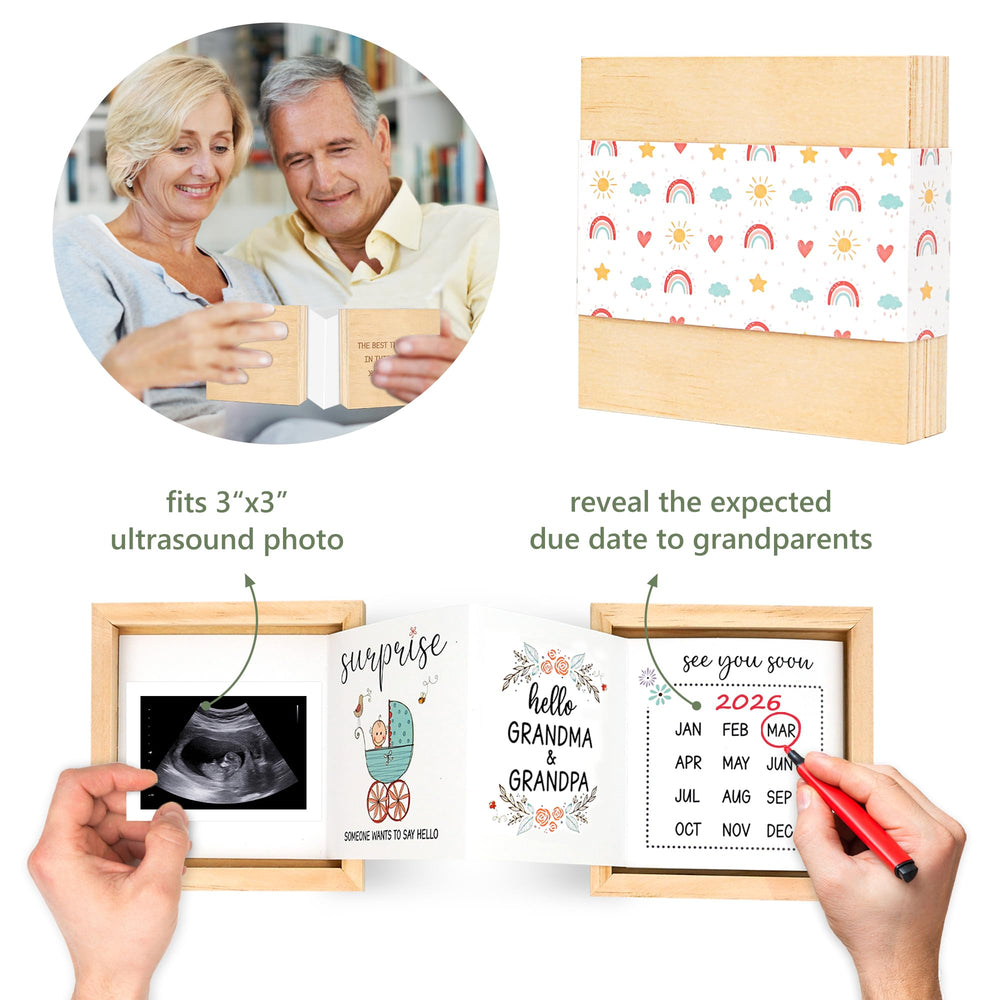 Blinking Stars rainbow sleeve adds a cheerful reveal moment for grandparents.