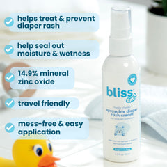 Bliss Baby diaper rash spray in use demonstrates touch-free application for gentle care.