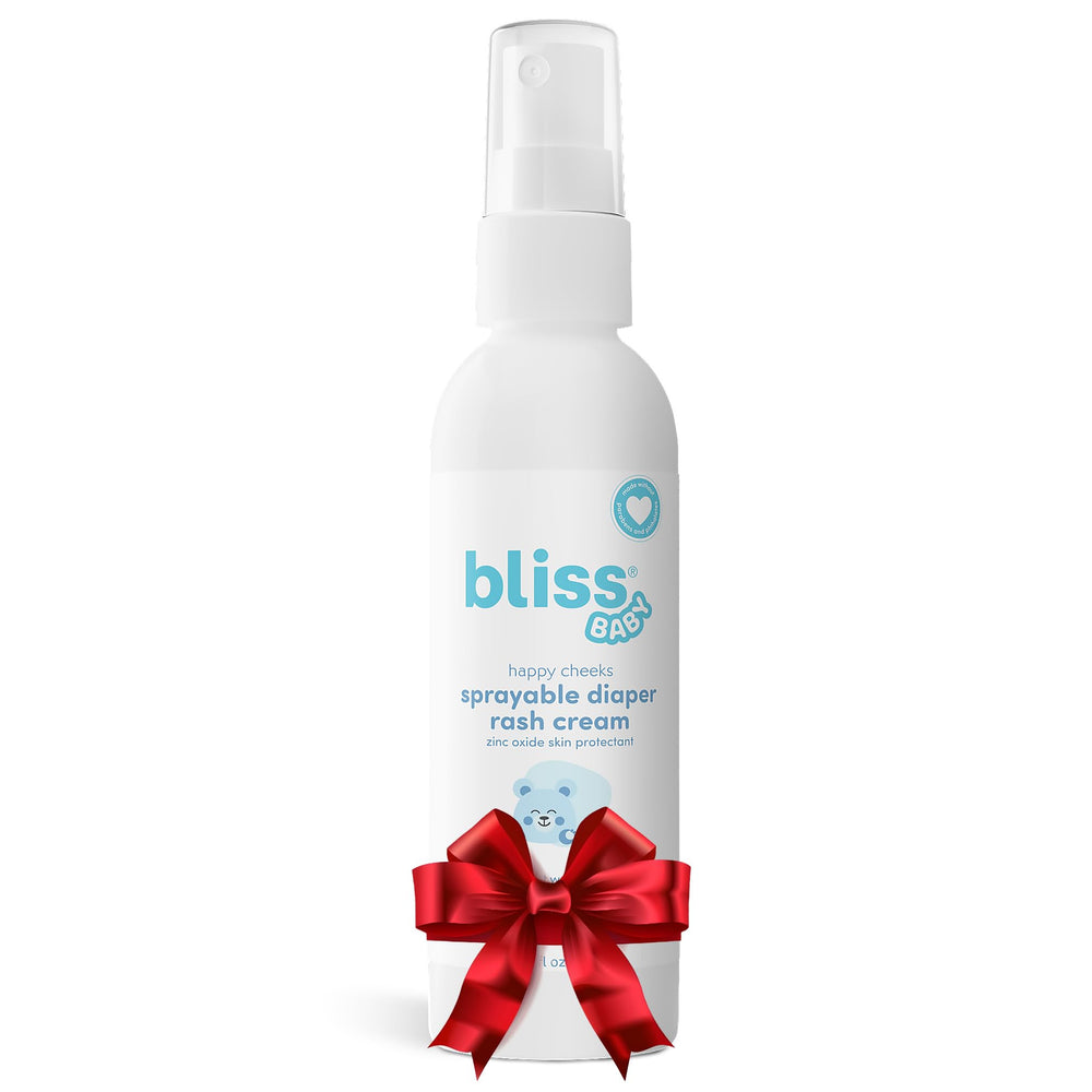 Bliss Baby diaper rash spray bottle shows mess-free application and fragrance-free formula.