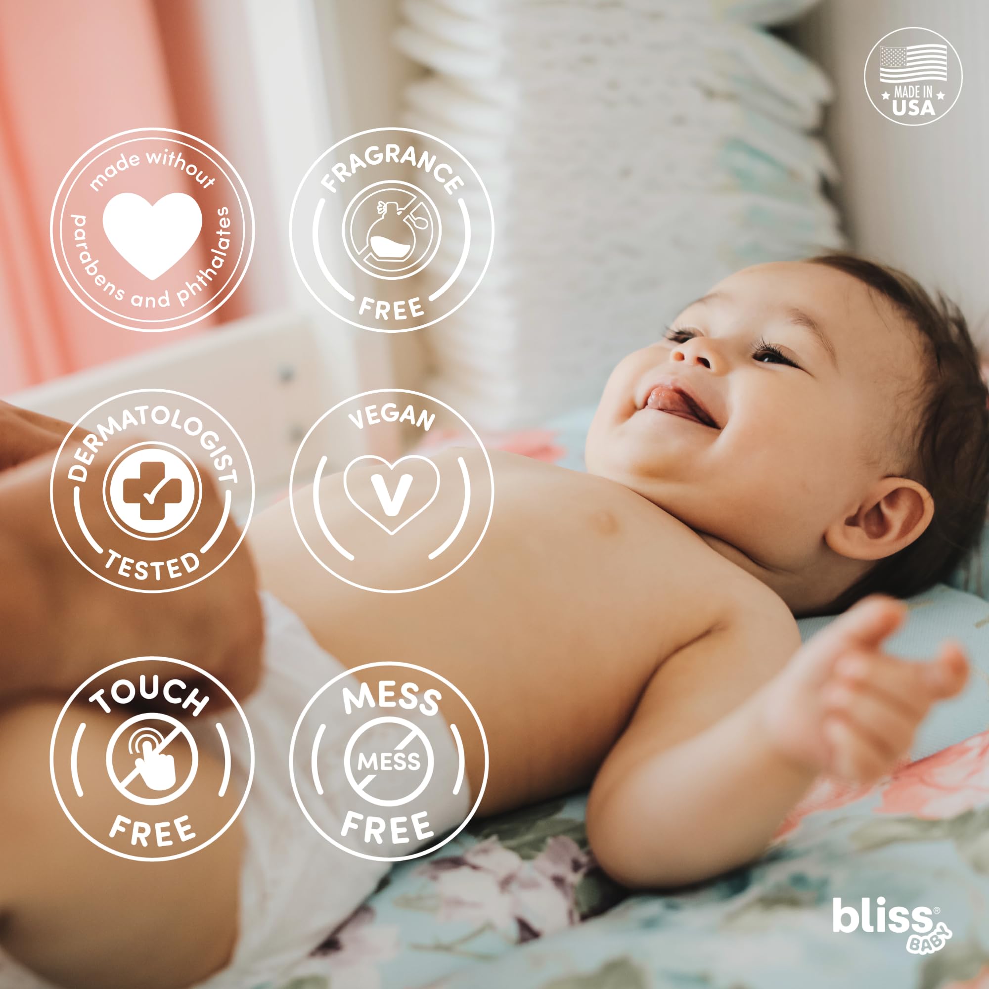 Bliss Baby diaper rash spray label highlights fragrance-free, dermatologist-tested benefits.