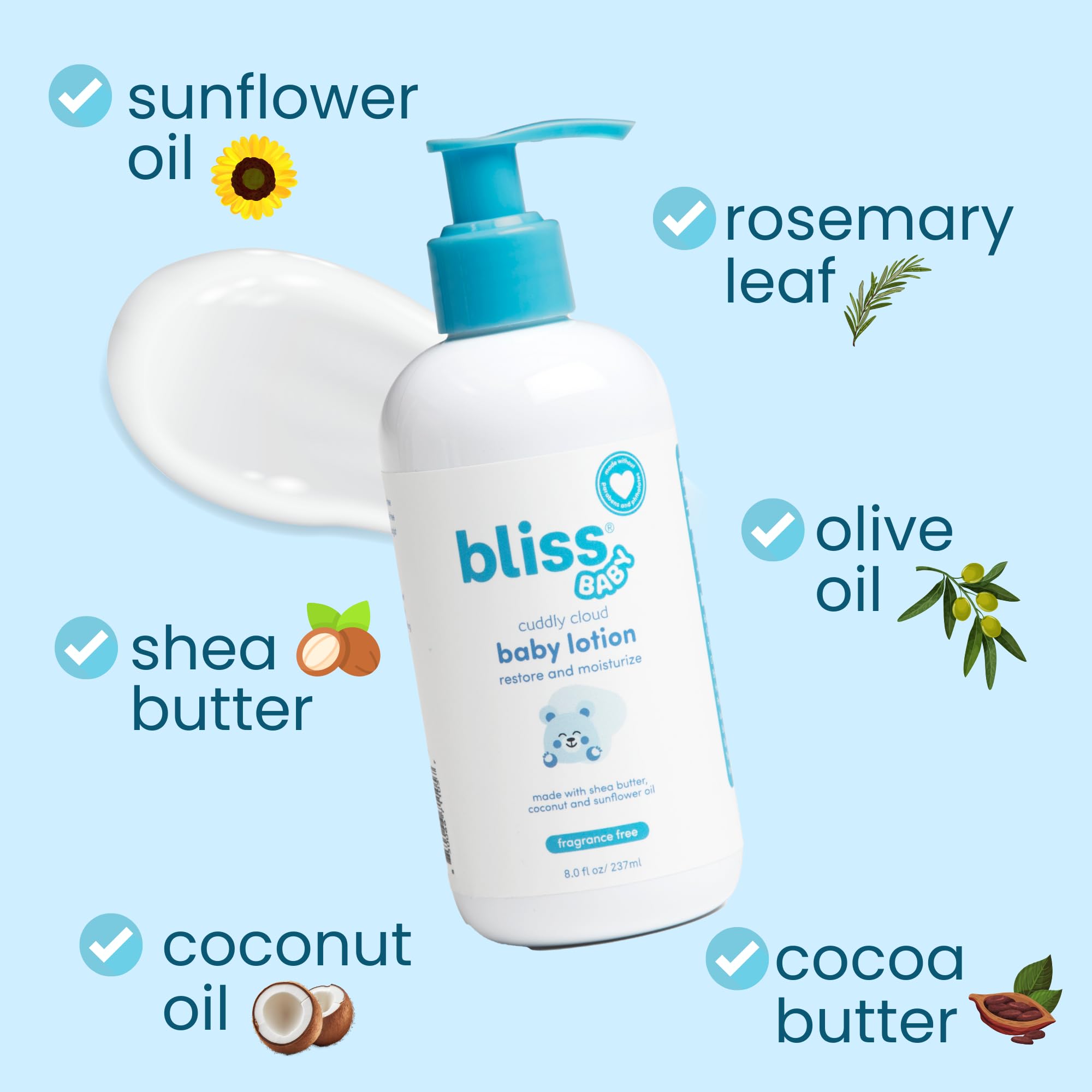 Bliss Baby Lotion fragrance-free swatch highlighting unscented comfort
