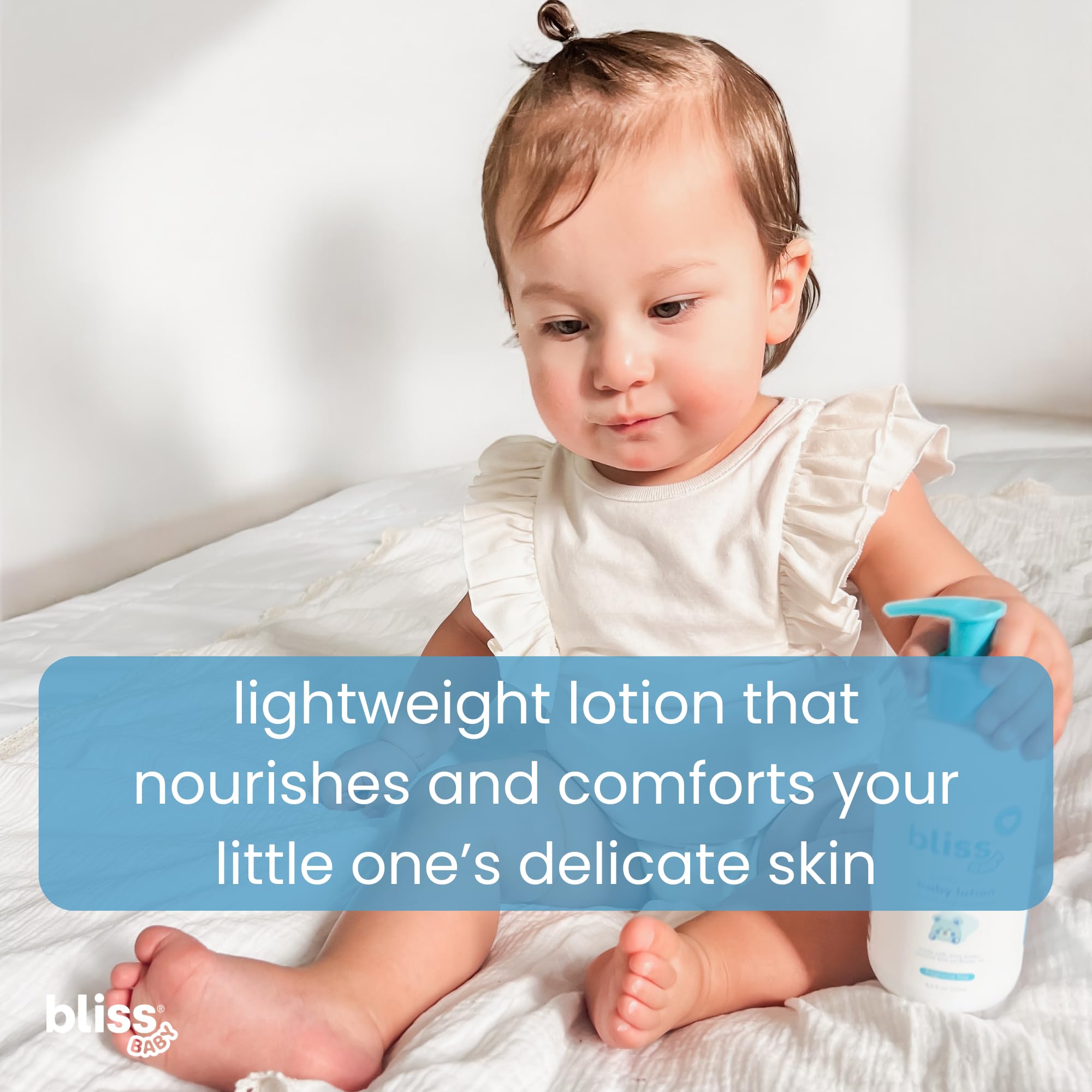 Bliss Baby Lotion ingredients panel with shea, cocoa, and coconut for nourishment