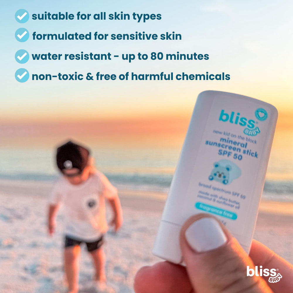 Bliss Baby Mineral Sunscreen Stick fragrance-free formula protecting sensitive skin.