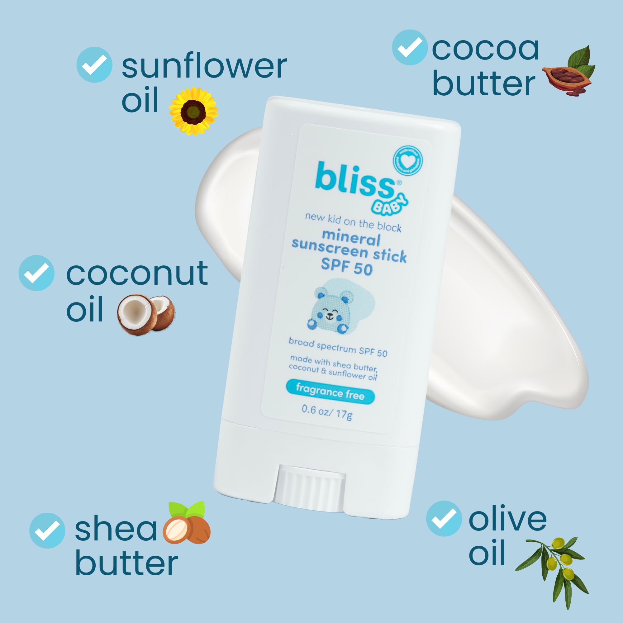 Bliss Baby Mineral Sunscreen Stick organic shea butter nourishes skin while shielding from sun.