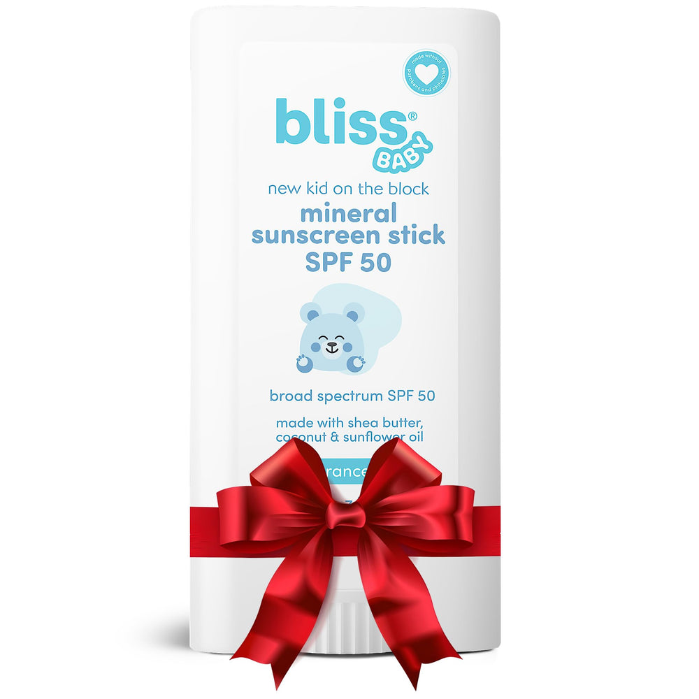 Bliss Baby Mineral Sunscreen Stick application shows quick, gentle SPF 50 protection for sensitive skin.