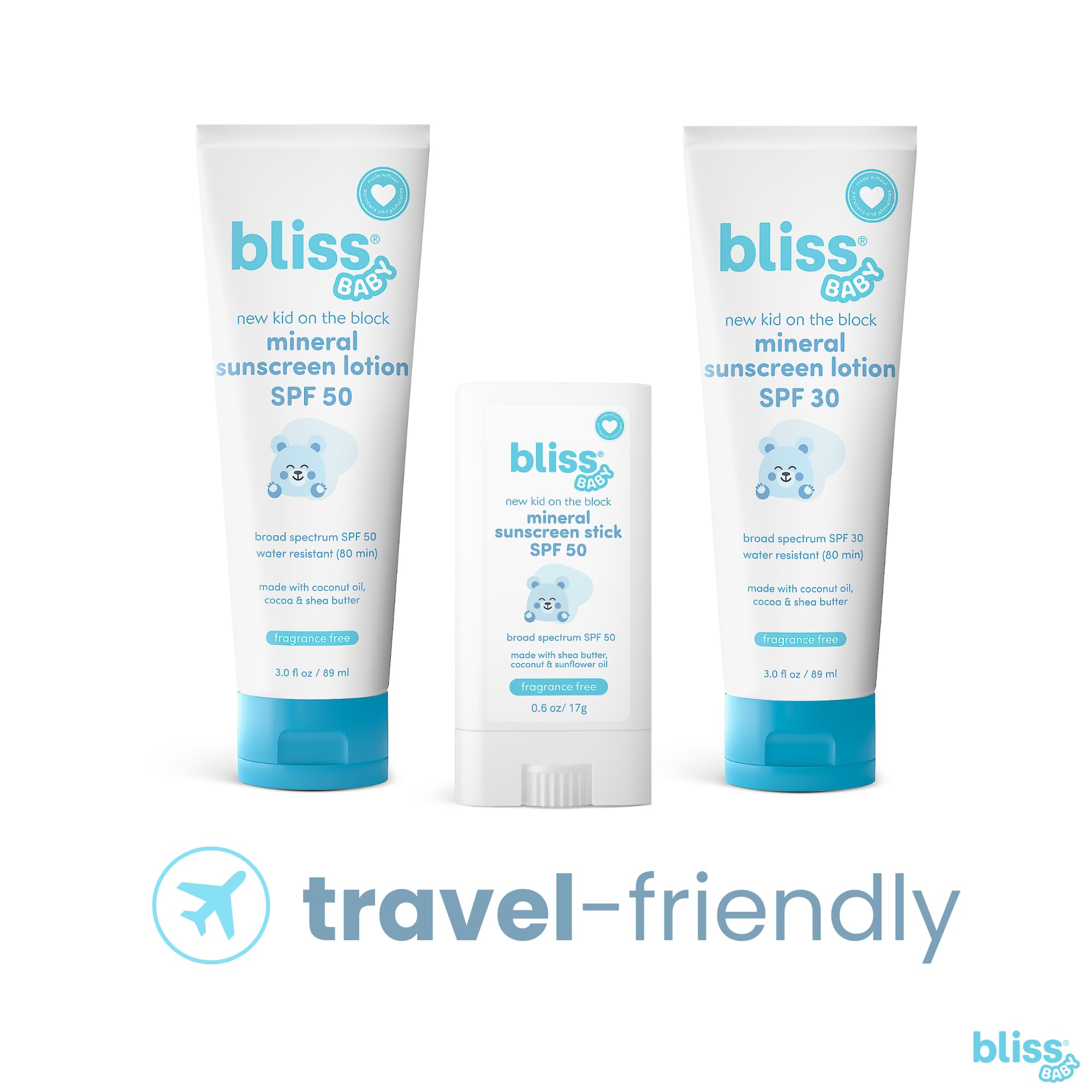 Bliss Baby Mineral Sunscreen Stick travel-size TSA-friendly for beach trips and flights.