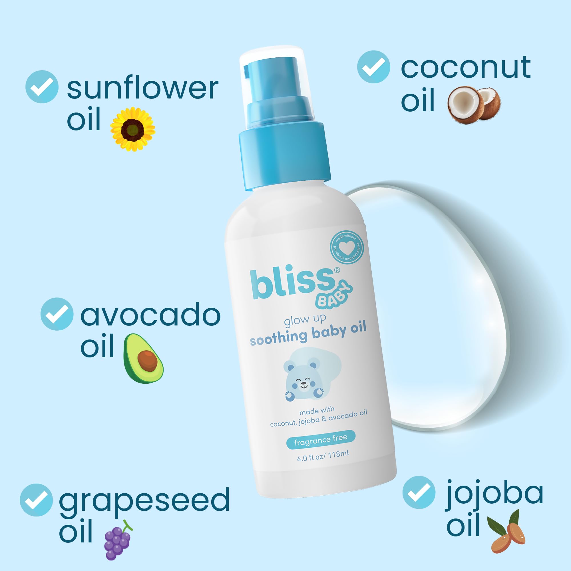 Bliss Baby Oil being applied to skin for soothing hydration.