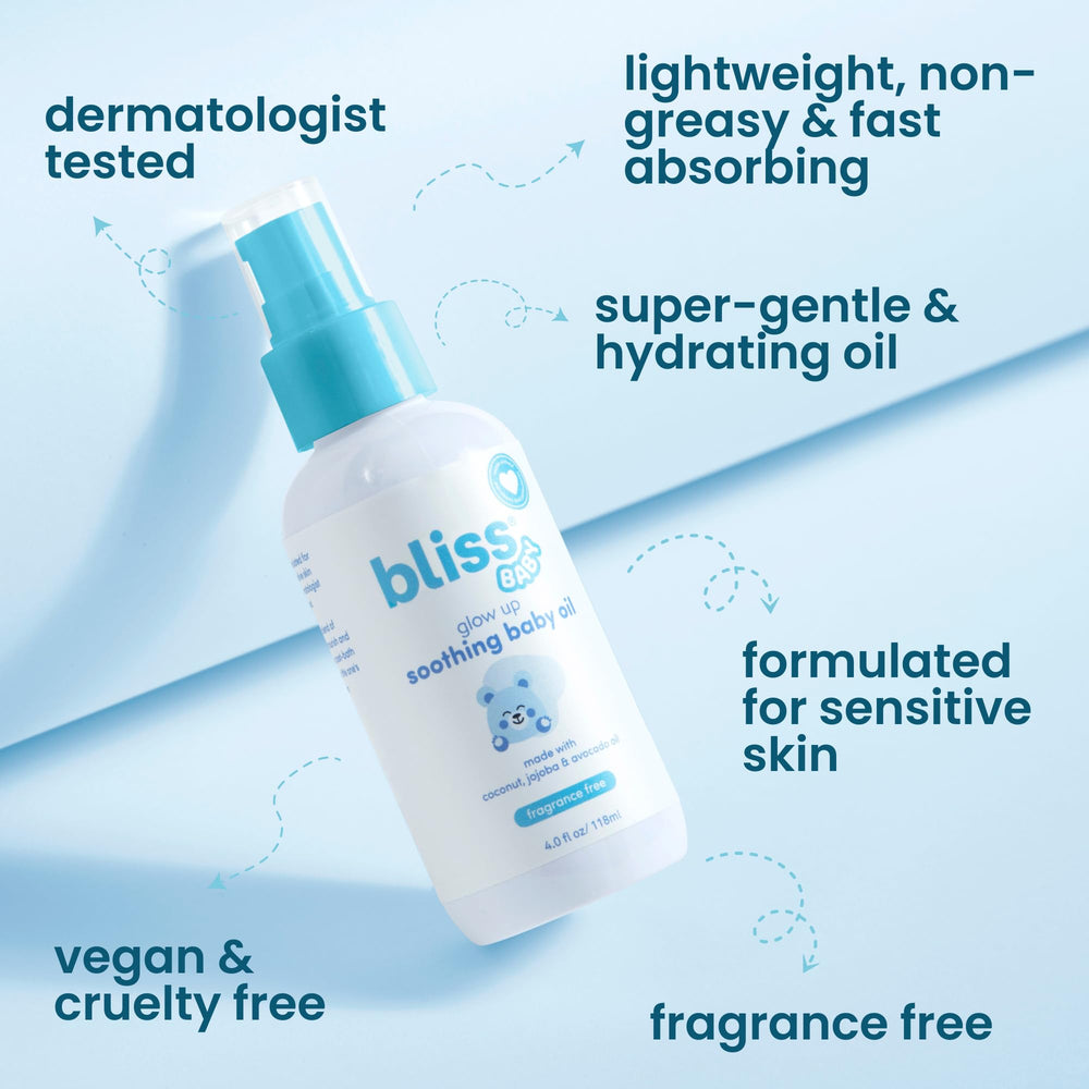 Bliss Baby Oil label close-up highlighting vegan, dermatologist-tested safety.