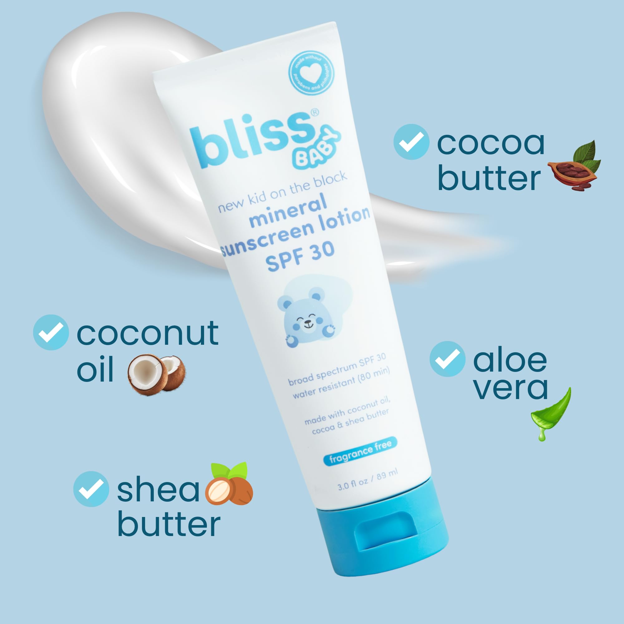 Bliss Baby Sunscreen fragrance-free formula supports sensitive skin without fragrance.