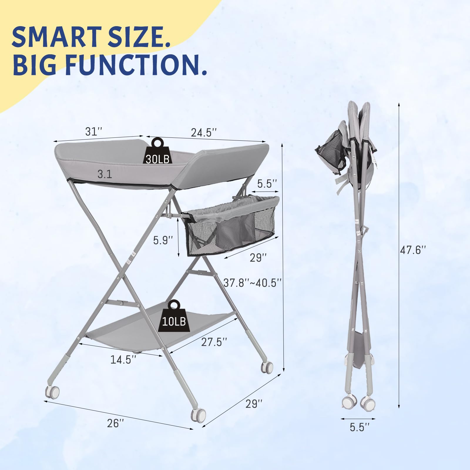 BlissBoard storage basket and bottom shelf keep essentials within reach