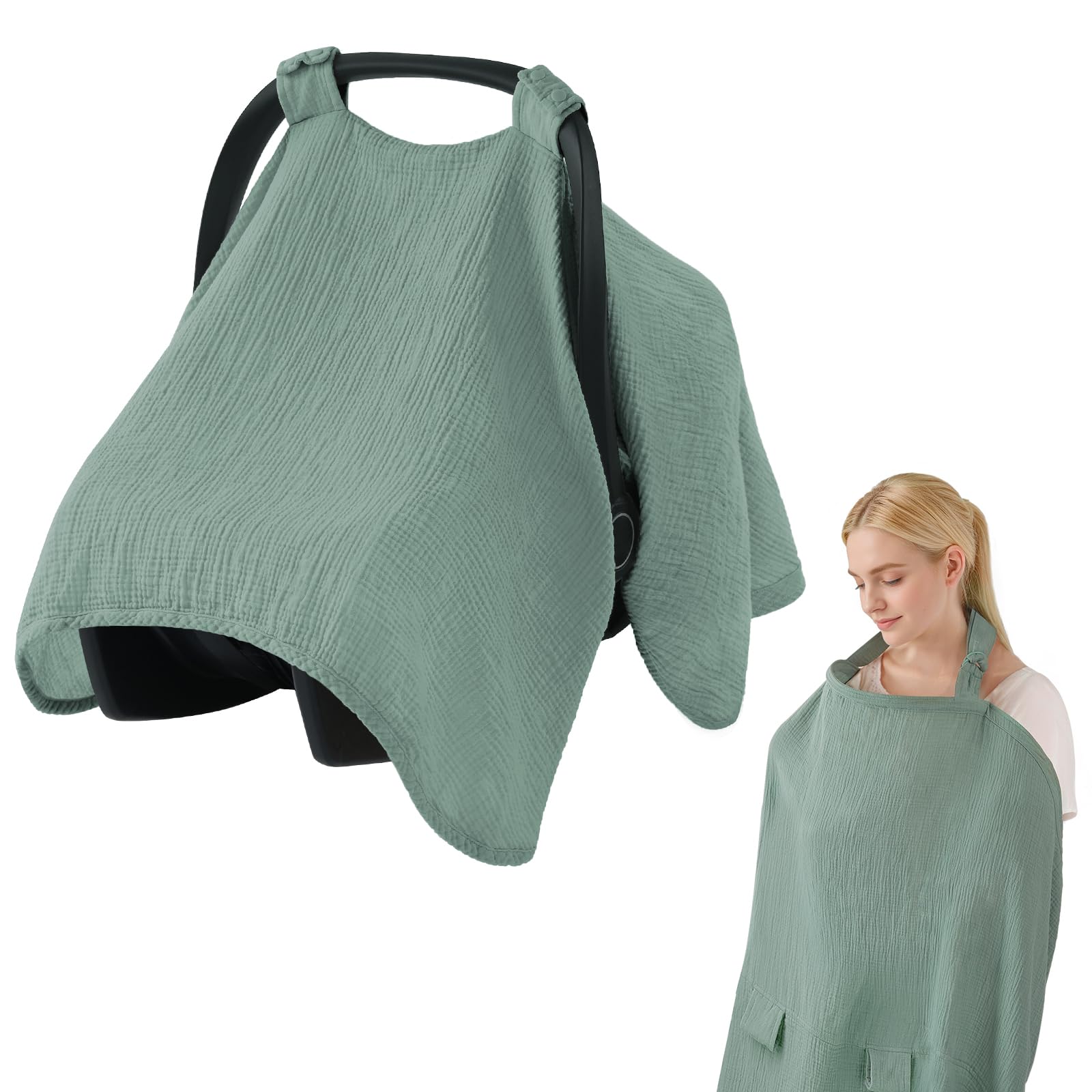 Blissful Diary 2-in-1 muslin car seat cover in Roman Green protects on the go