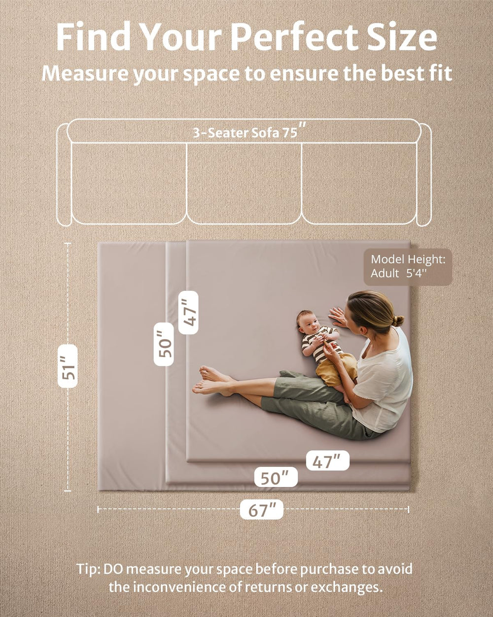 Blissful Diary 47x47 inch mat on floor demonstrates spacious safe play area