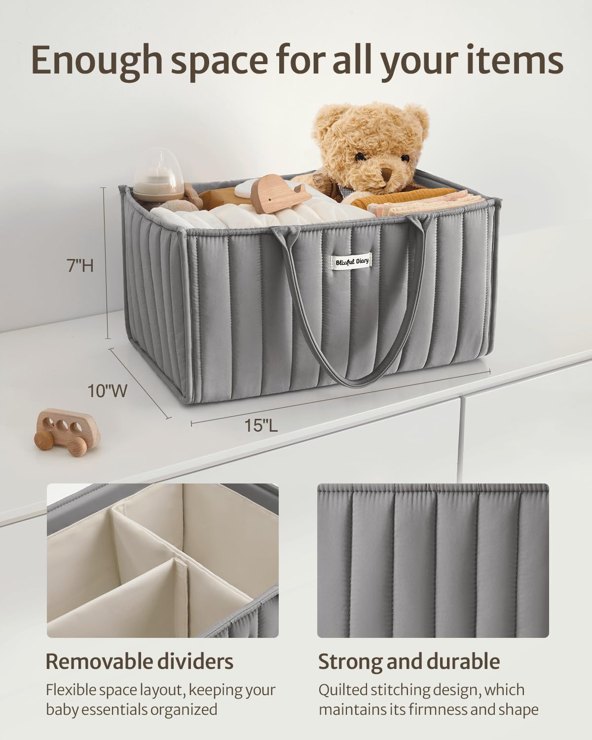 Blissful Diary baby caddy in nursery use keeping bottles, wipes, and outfits neatly arranged.