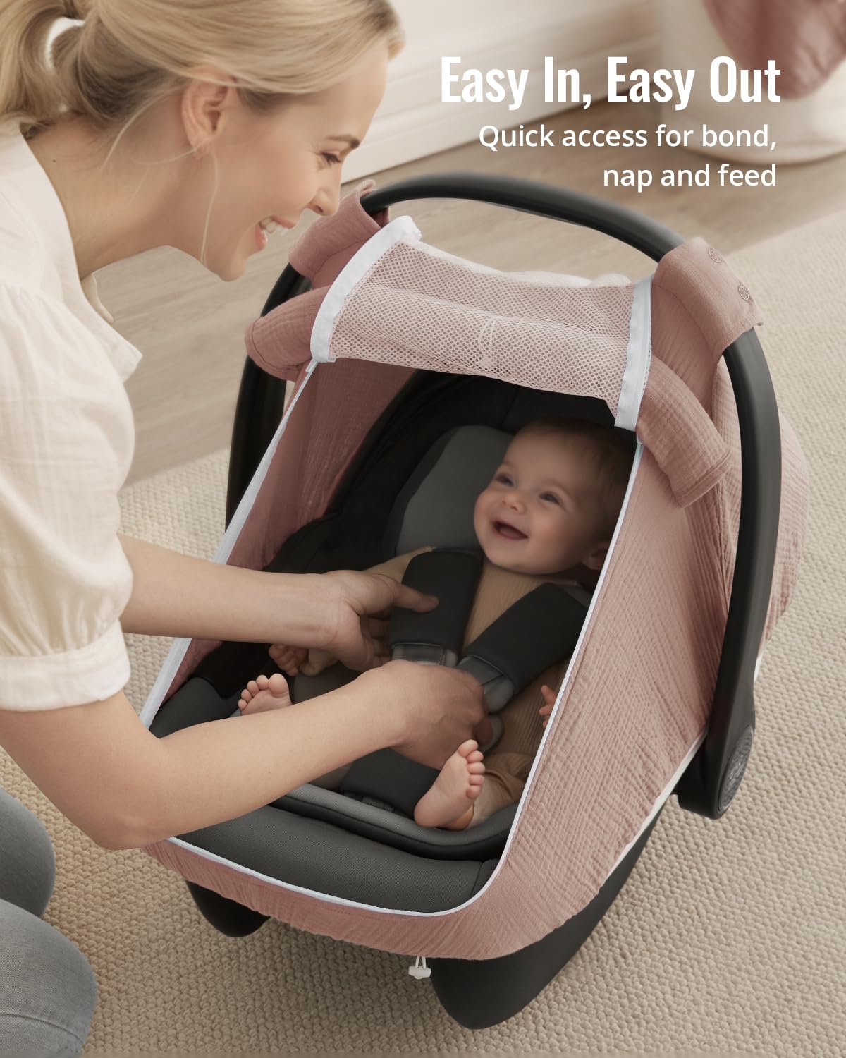 Blissful Diary dusty-pink roll-up sunshade offers stylish shade and nap-friendly versatility