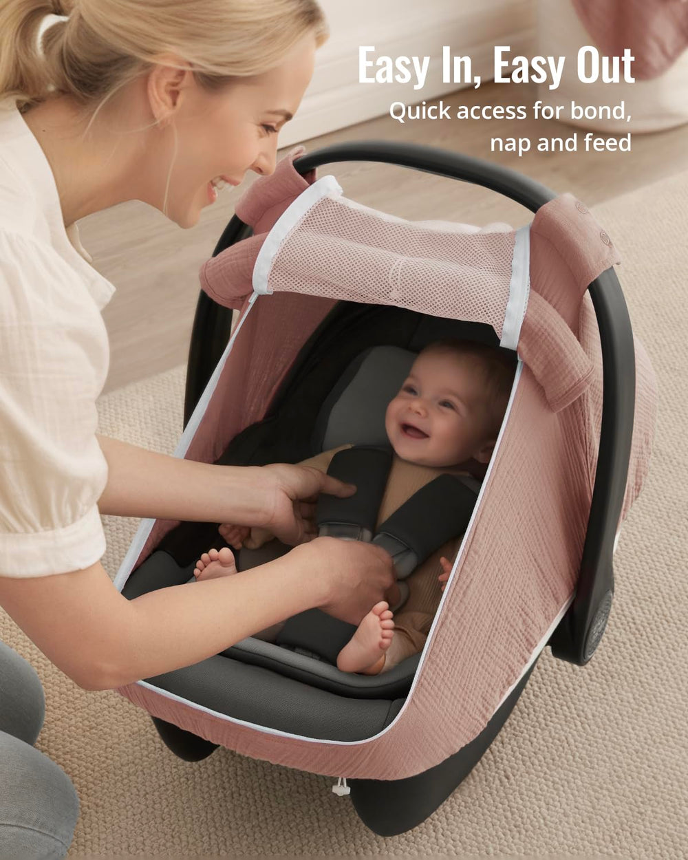 Blissful Diary dusty-pink roll-up sunshade offers stylish shade and nap-friendly versatility