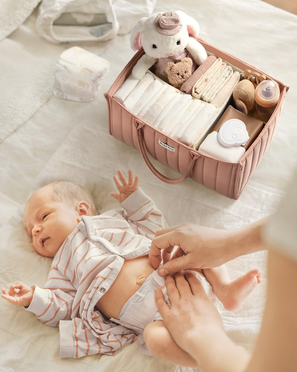 Blissful Diary caddy stores breast pump parts for convenient on-the-go feeding.