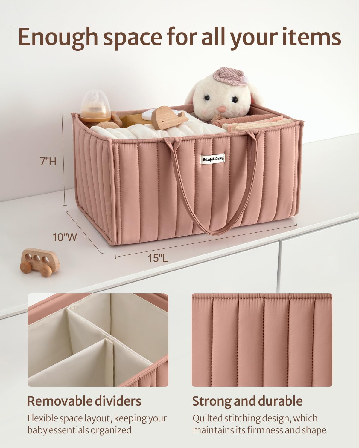 Blissful Diary blush pink caddy with removable dividers stays neatly organized.