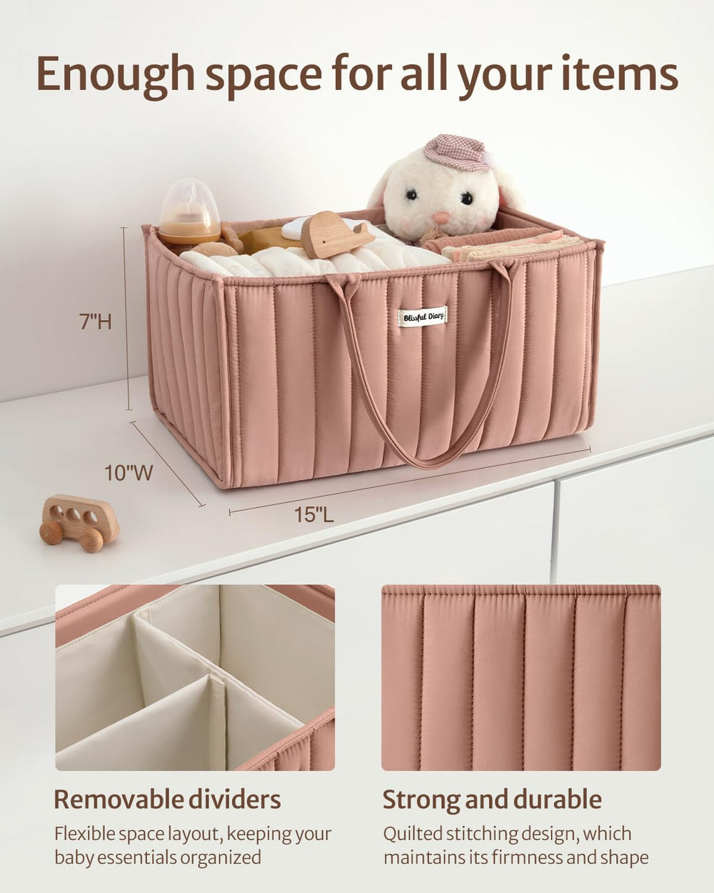 Blissful Diary blush pink caddy with removable dividers stays neatly organized.