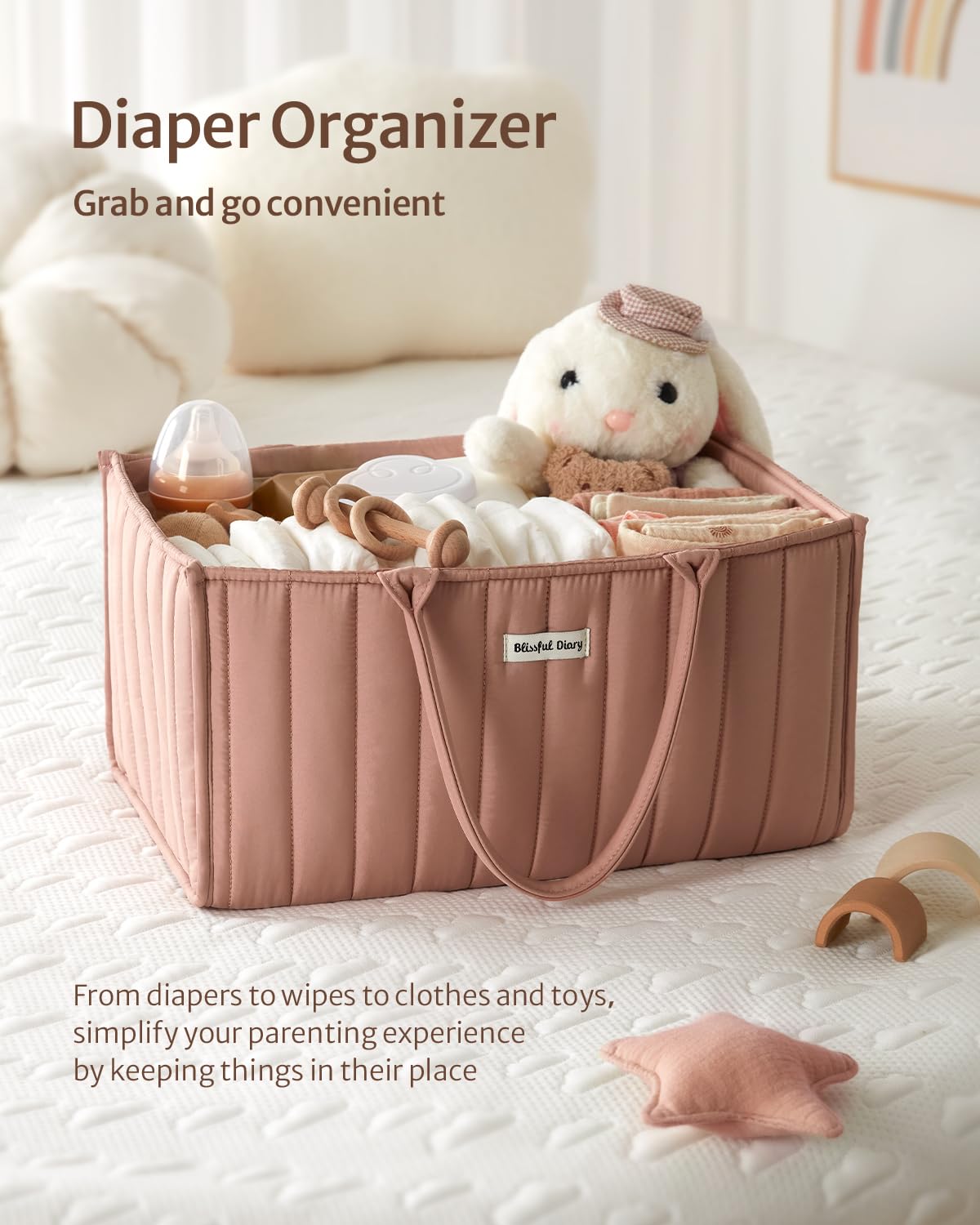 Blissful Diary baby caddy complements nursery decor while keeping essentials reachable.