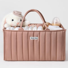 Blissful Diary baby diaper caddy blush pink open layout for quick diaper changes.