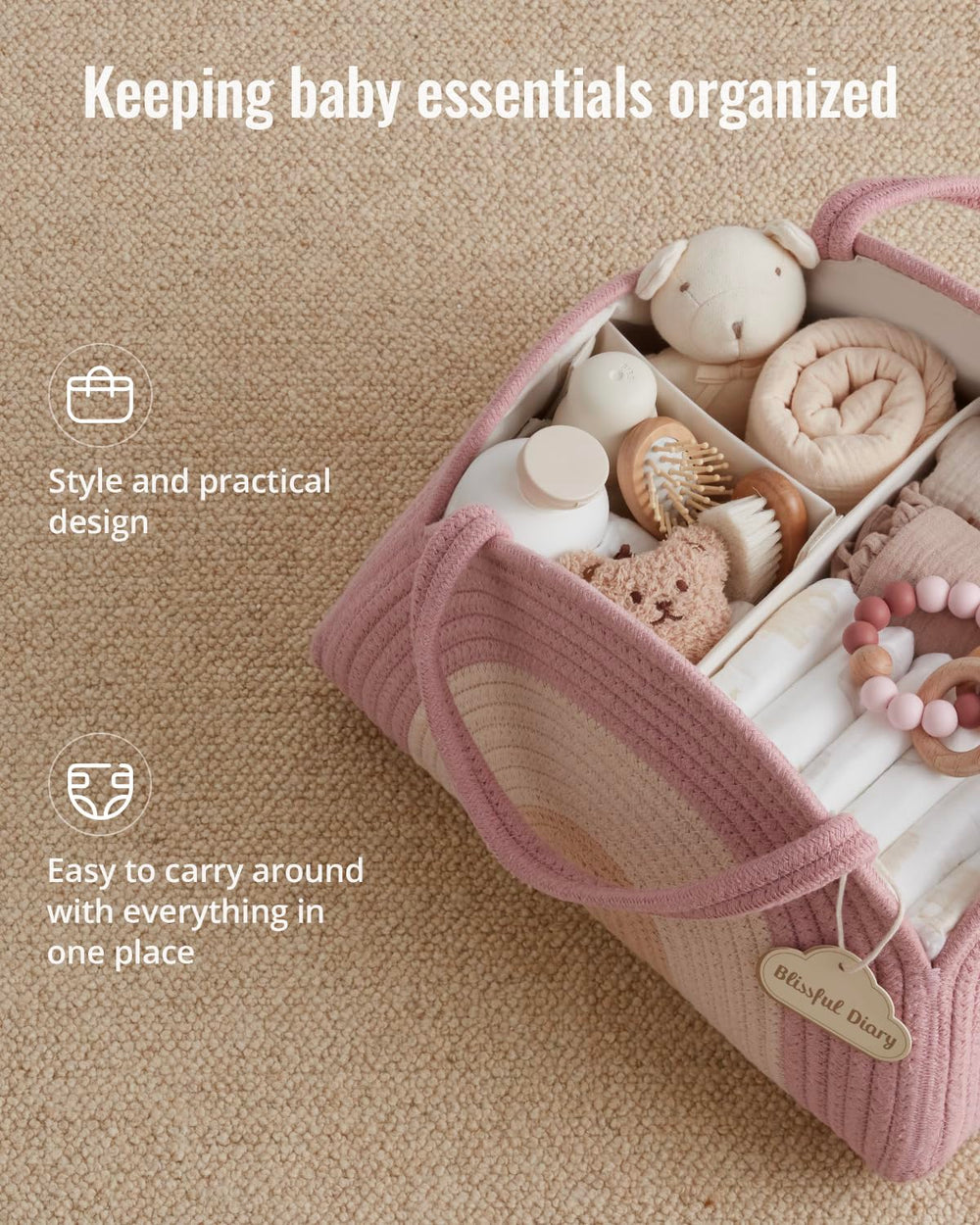 Blissful Diary large storage basket keeps nappies within reach in the nursery