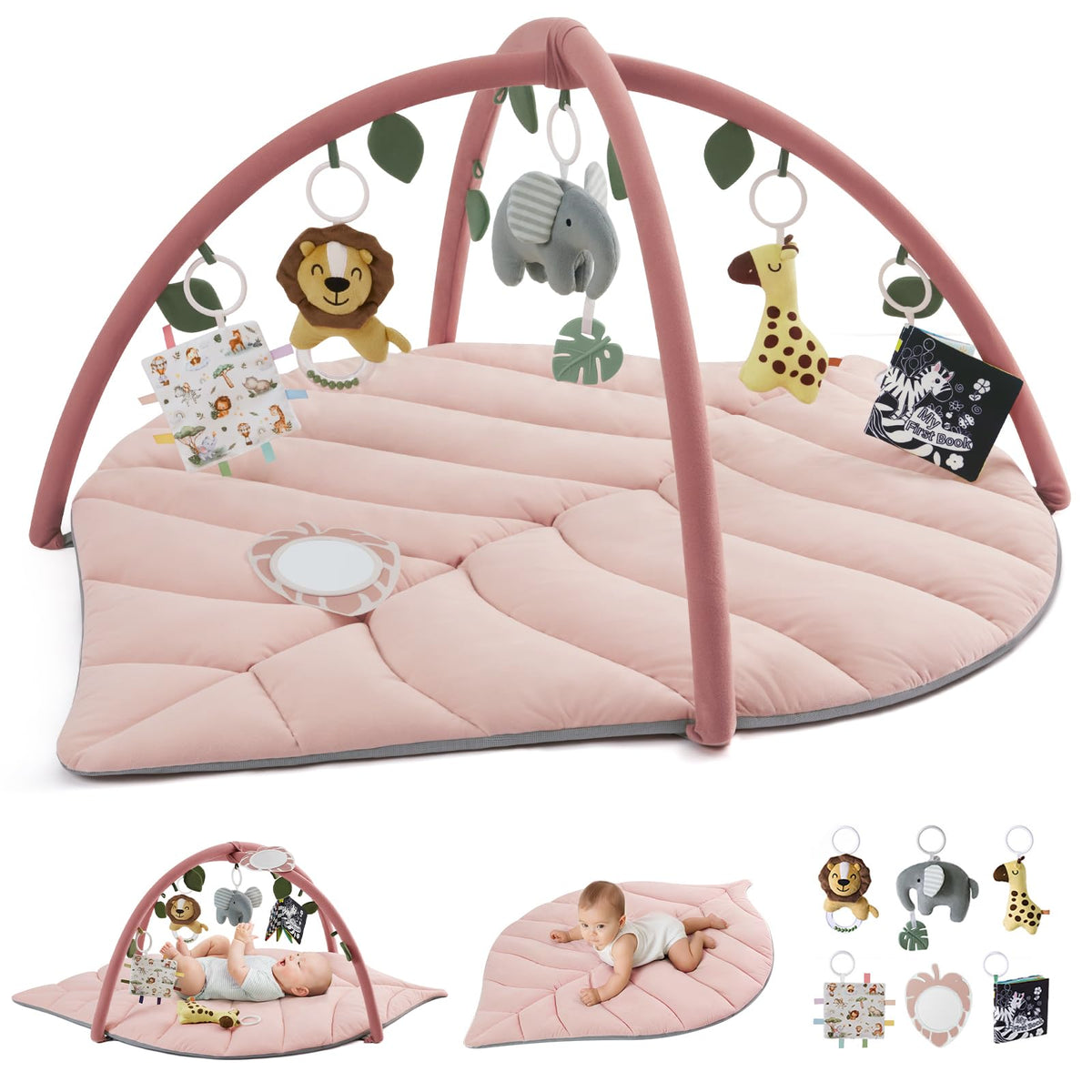 Blissful Diary crystal pink play gym with plush mat for tummy time and visual tracking