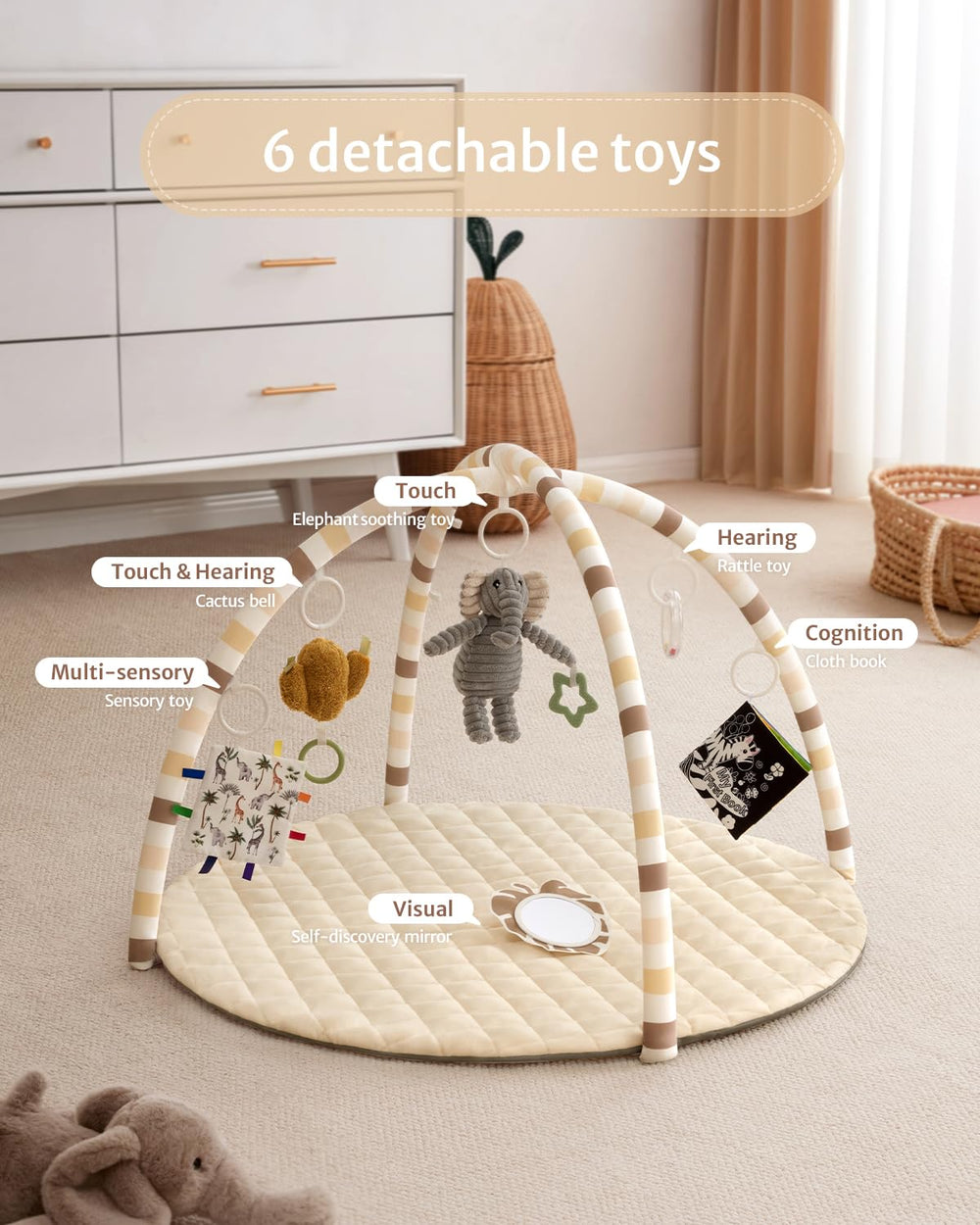 Blissful Diary cactus bell detachable toy emphasizes hearing and tactile exploration.