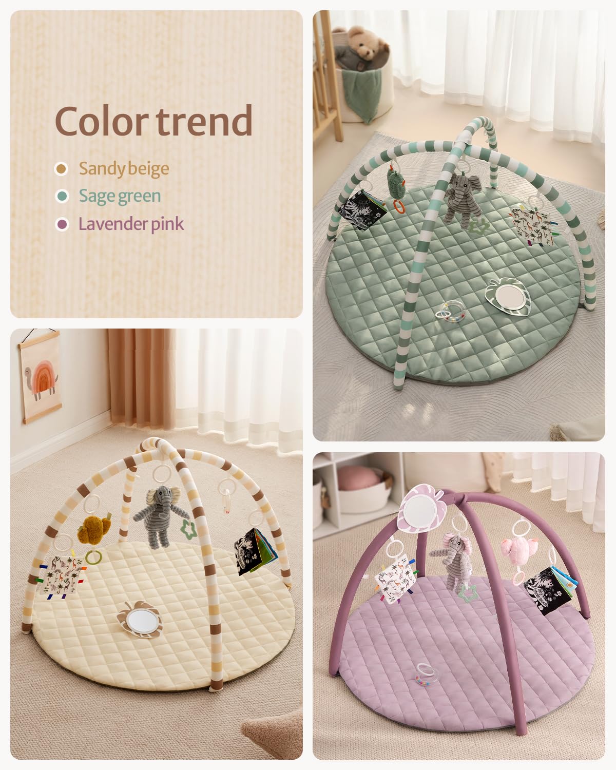 Blissful Diary sandy beige mat blends with nursery decor and spaces.