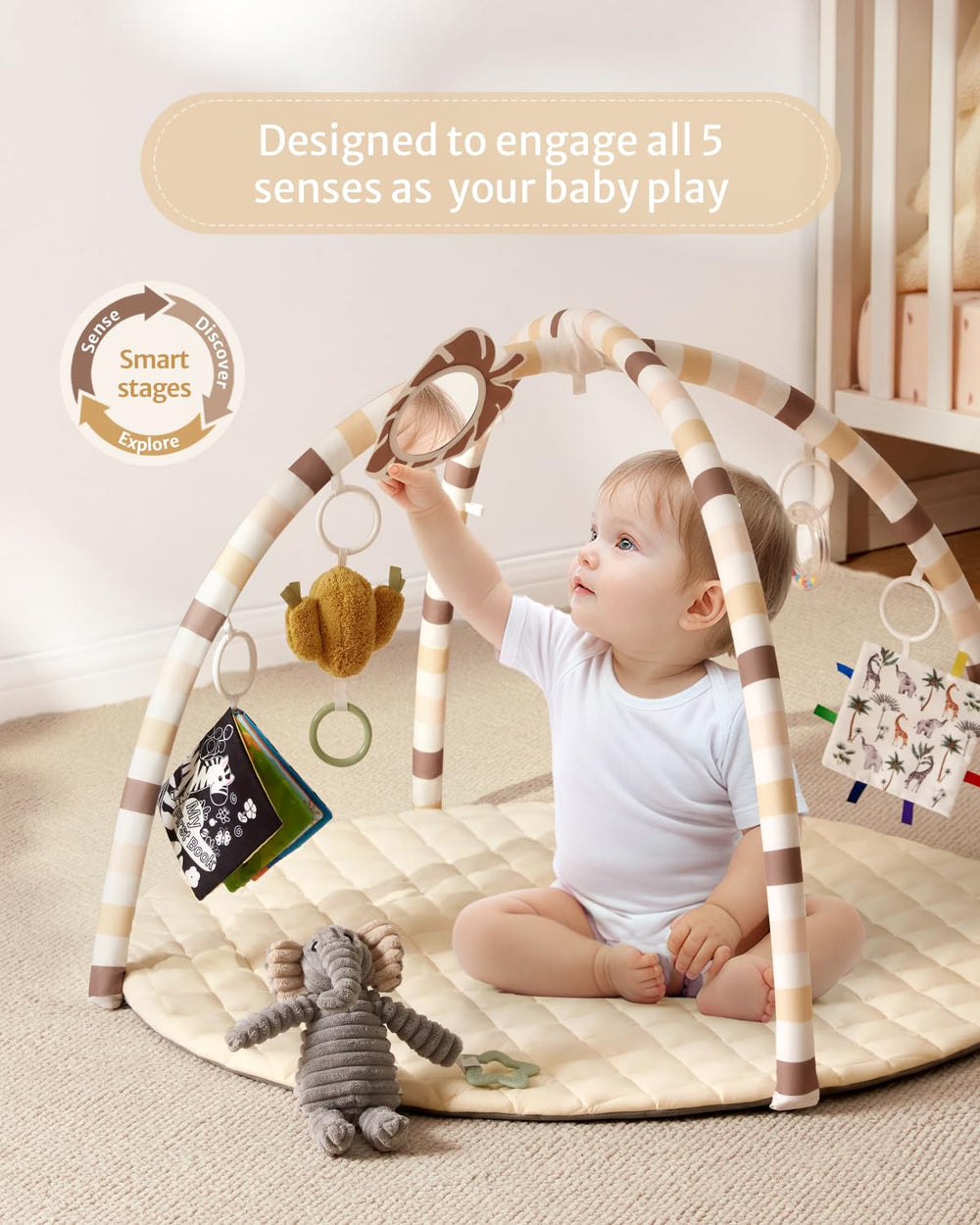 Blissful Diary play gym mirror close-up highlights early cognition during tummy time.