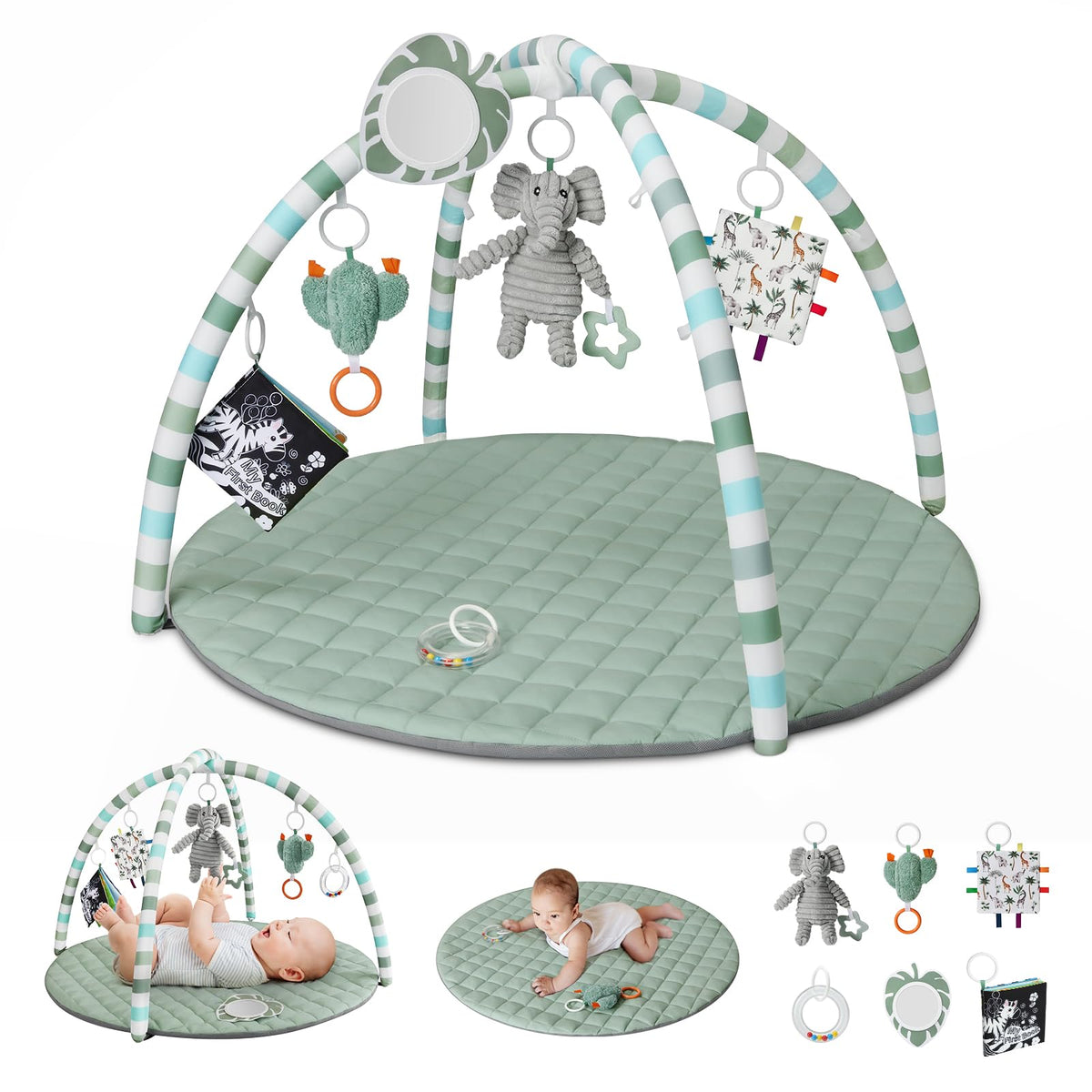 Blissful Diary baby play gym mat in sage green with detachable toys for sensory exploration.