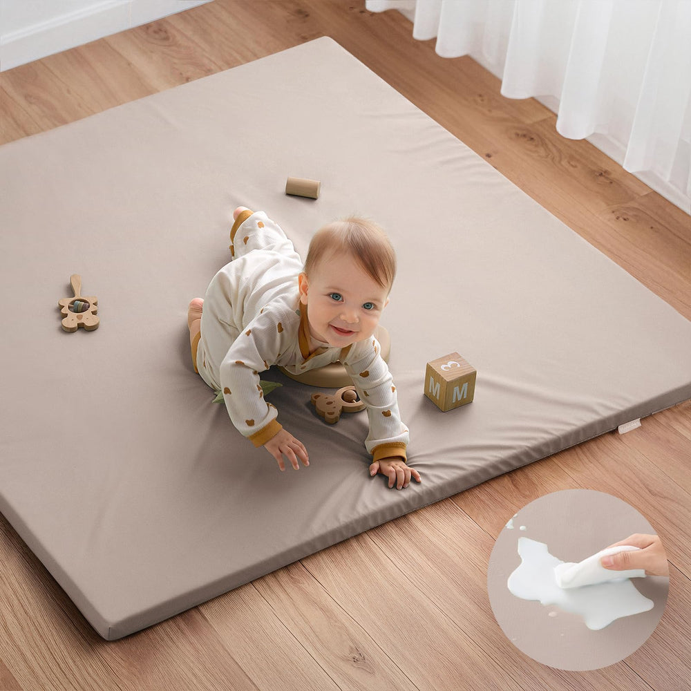 Blissful Diary vegan leather play mat close-up shows durable waterproof surface for quick cleaning