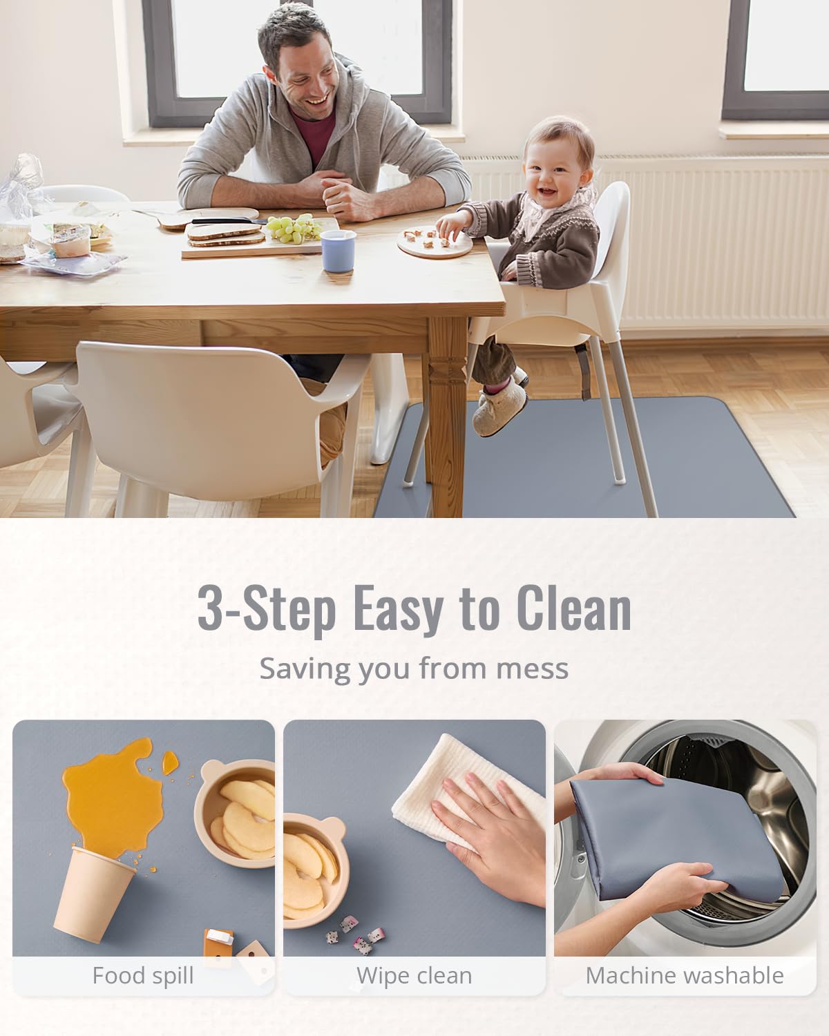 Blissful Diary Splat Mat gray color hides messes while blending with decor.