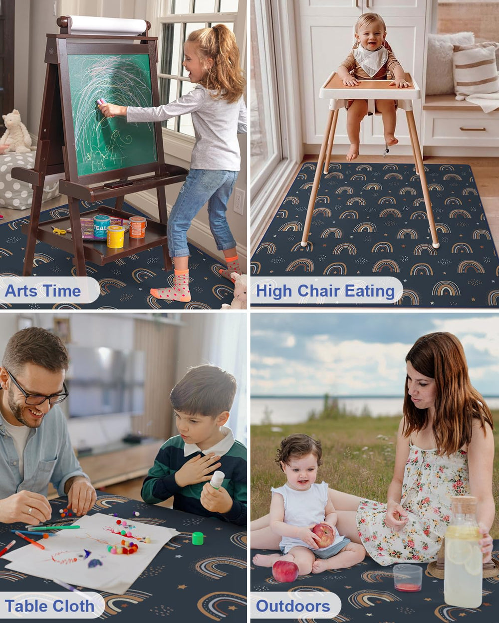 Blissful Diary rainbow splat mat cushions floor during meals and play.