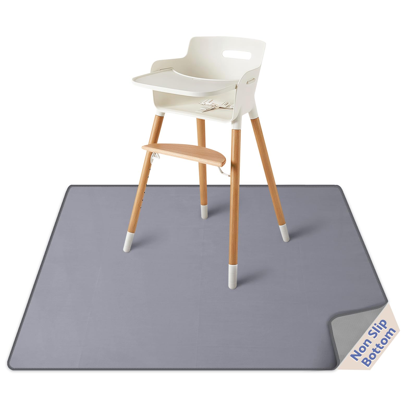 Blissful Diary Baby Splat Mat under high chair protects floors during meals.