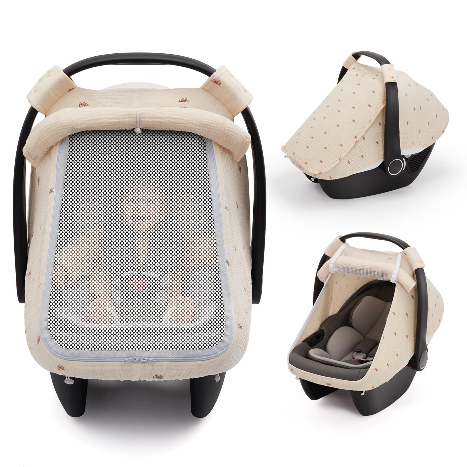 Blissful Diary car seat cover with extra large mesh window promotes airflow and baby visibility.