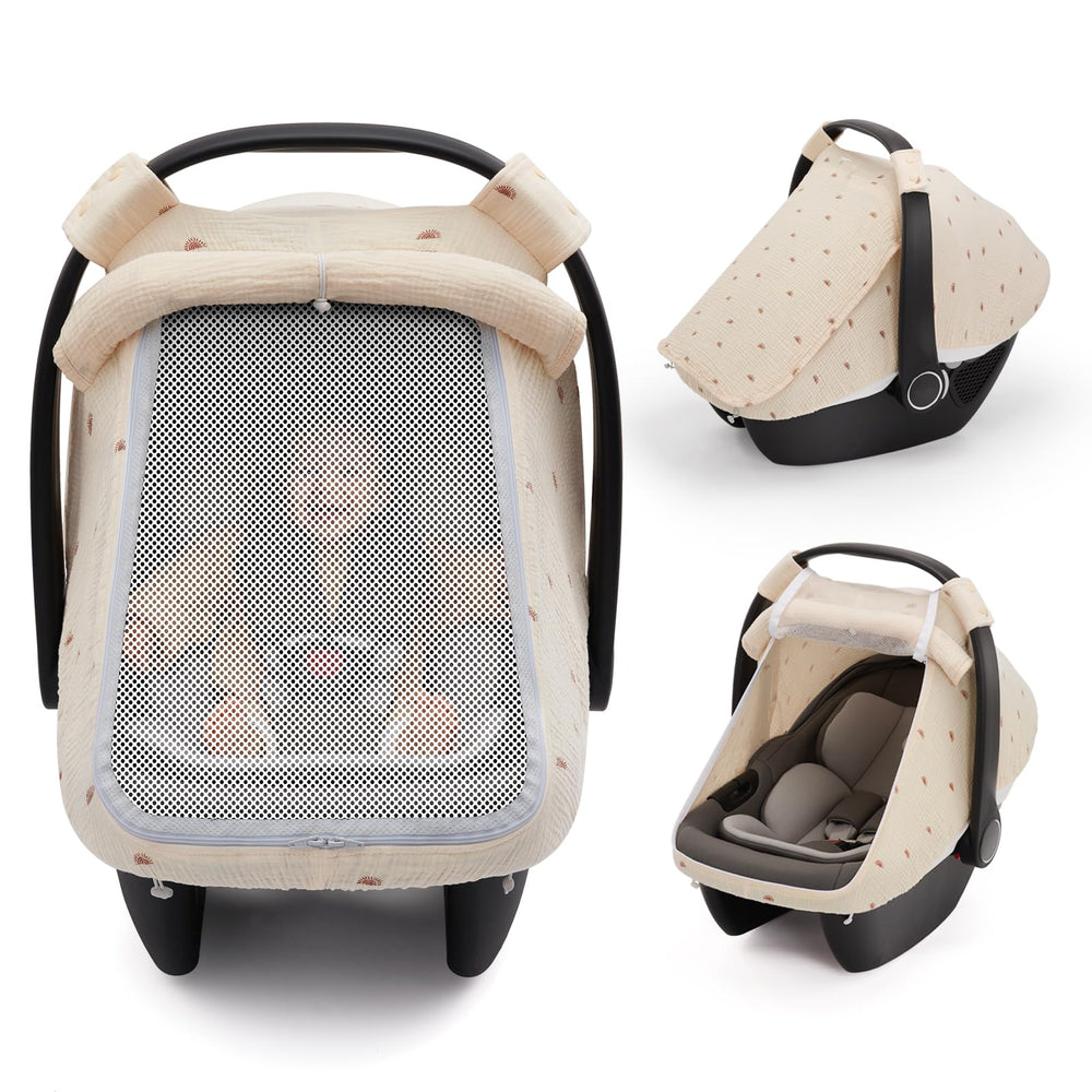 Blissful Diary car seat cover with extra large mesh window promotes airflow and baby visibility.