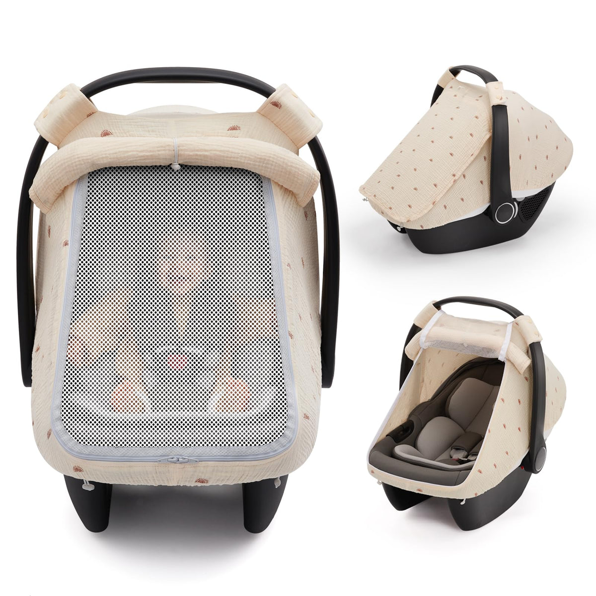 Blissful Diary car seat cover with extra large mesh window promotes airflow and baby visibility.