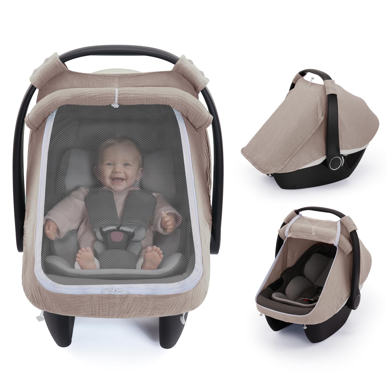 Blissful Diary car seat cover with large mesh window enhances airflow and baby visibility.