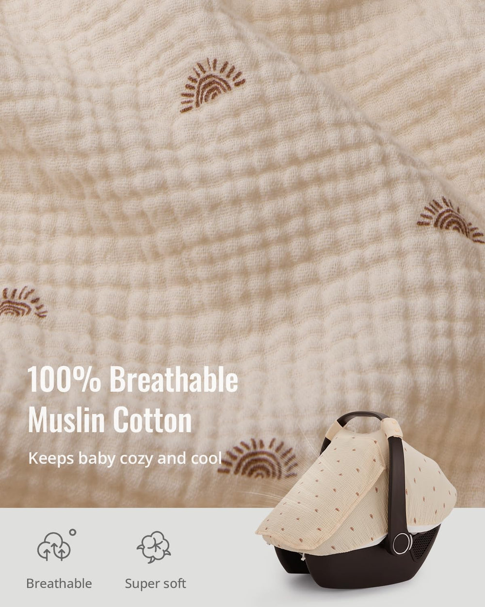 Blissful Diary breathable muslin cotton canopy keeps baby cool and comfy on sunny days.