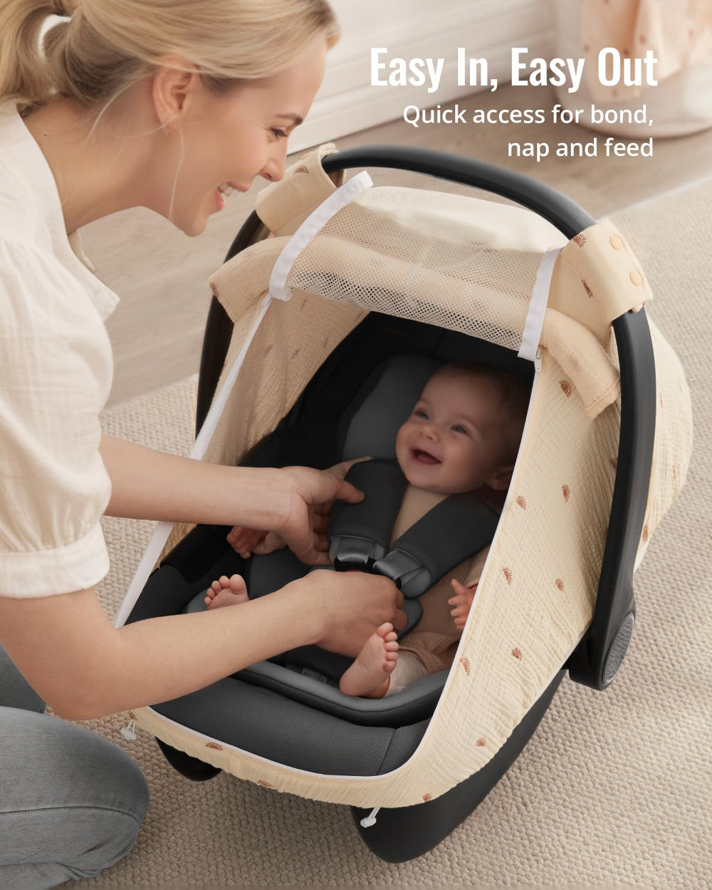 Blissful Diary sunshade roll-down feature supports quiet nap times.