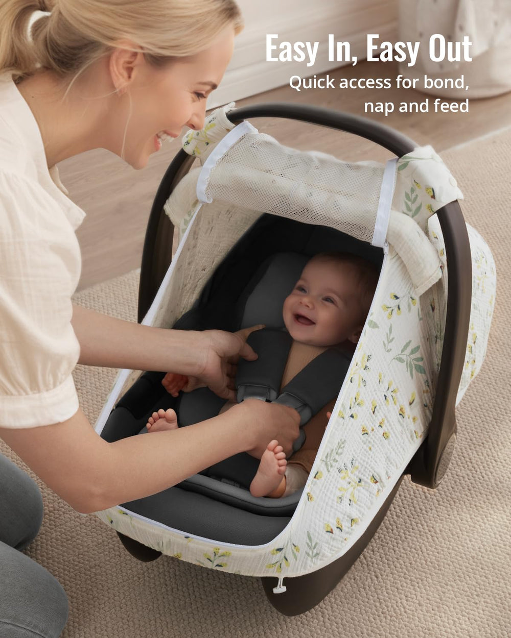 Blissful Diary car seat cover wiggle-proof-bottom keeps baby comfy and secure.