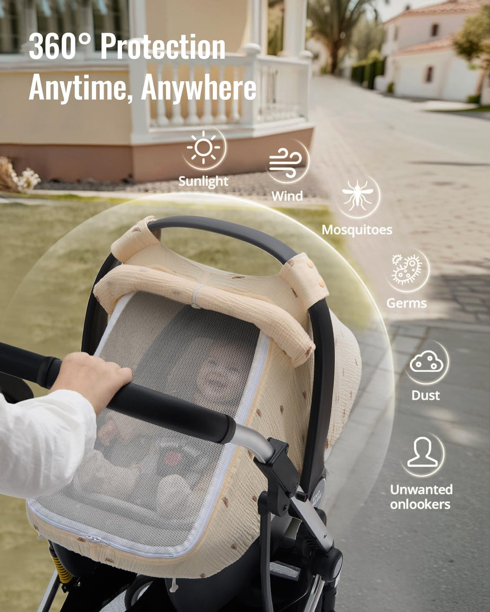 Blissful Diary windproof castle shields baby from sun, wind, and curious onlookers.