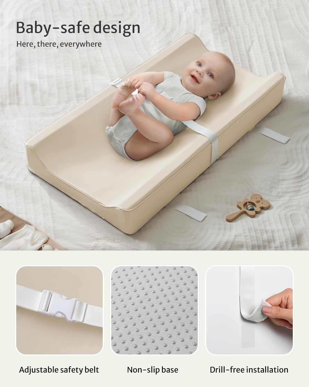 Blissful Diary anti-roll sides help keep baby safe during changes.