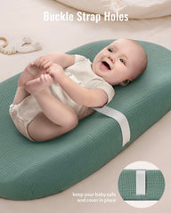 Blissful Diary changing pad cover Avocado on pad, simple care and snug fit.