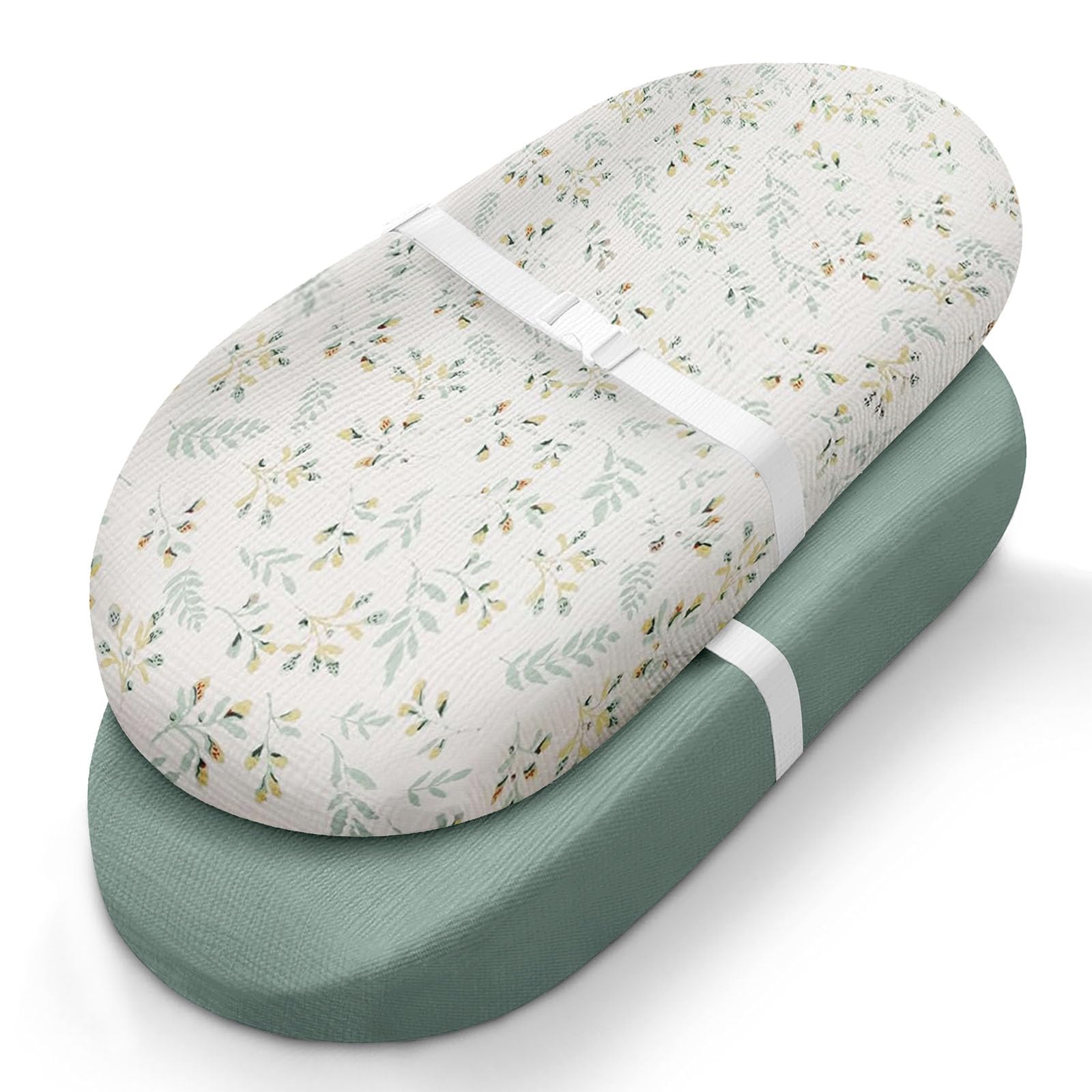 Blissful Diary changing pad cover Roman Green on a pad, breathable muslin for baby's comfort.