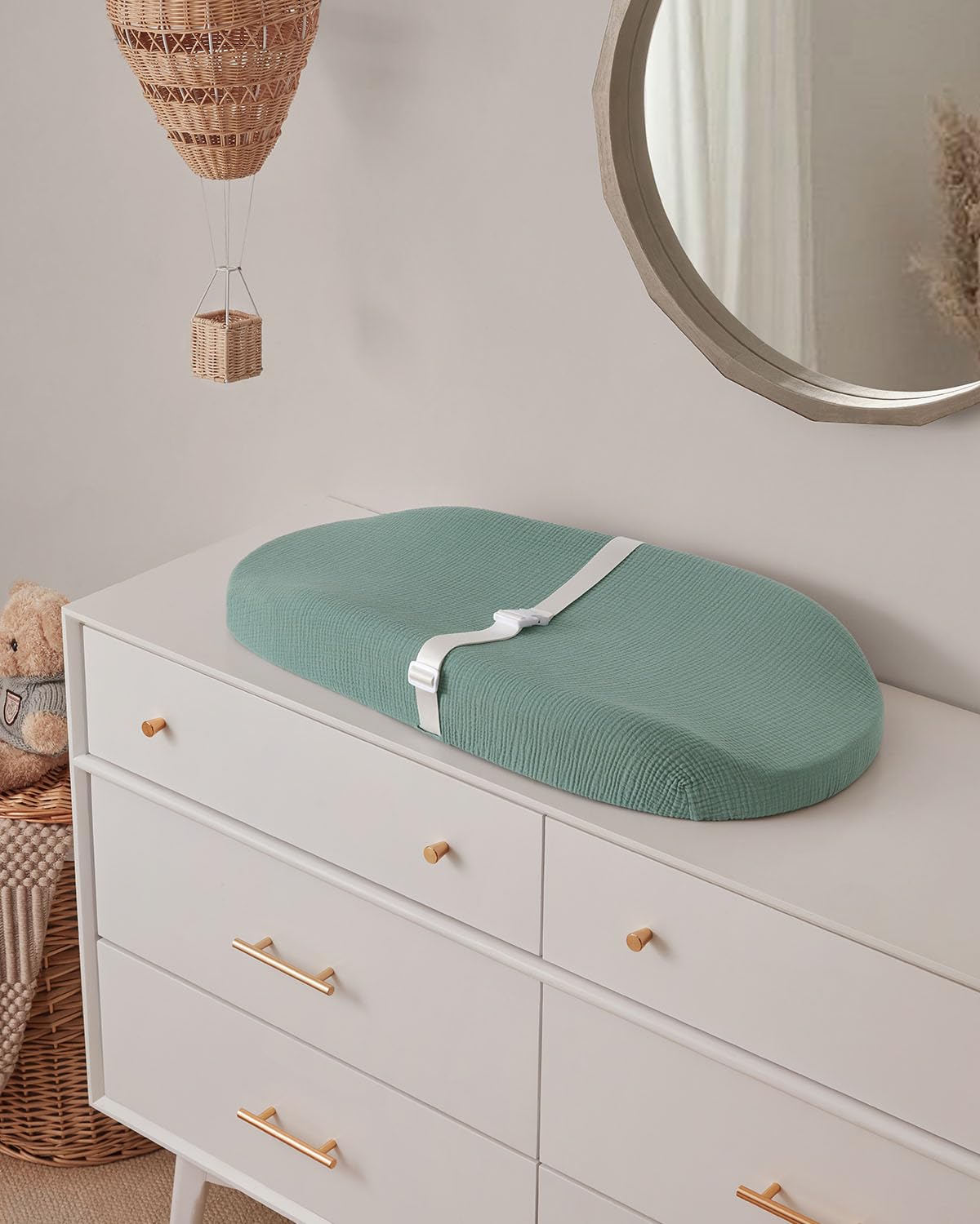 Blissful Diary changing pad cover soft-muslin closeup emphasizes durability after washing.