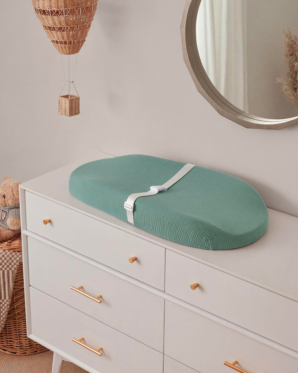 Blissful Diary changing pad cover soft-muslin closeup emphasizes durability after washing.
