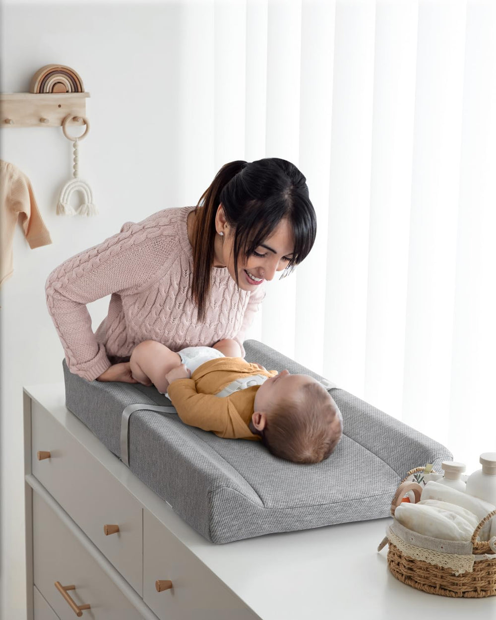 Blissful Diary changing pad dresser-top setup grey shows versatile nursery placement.