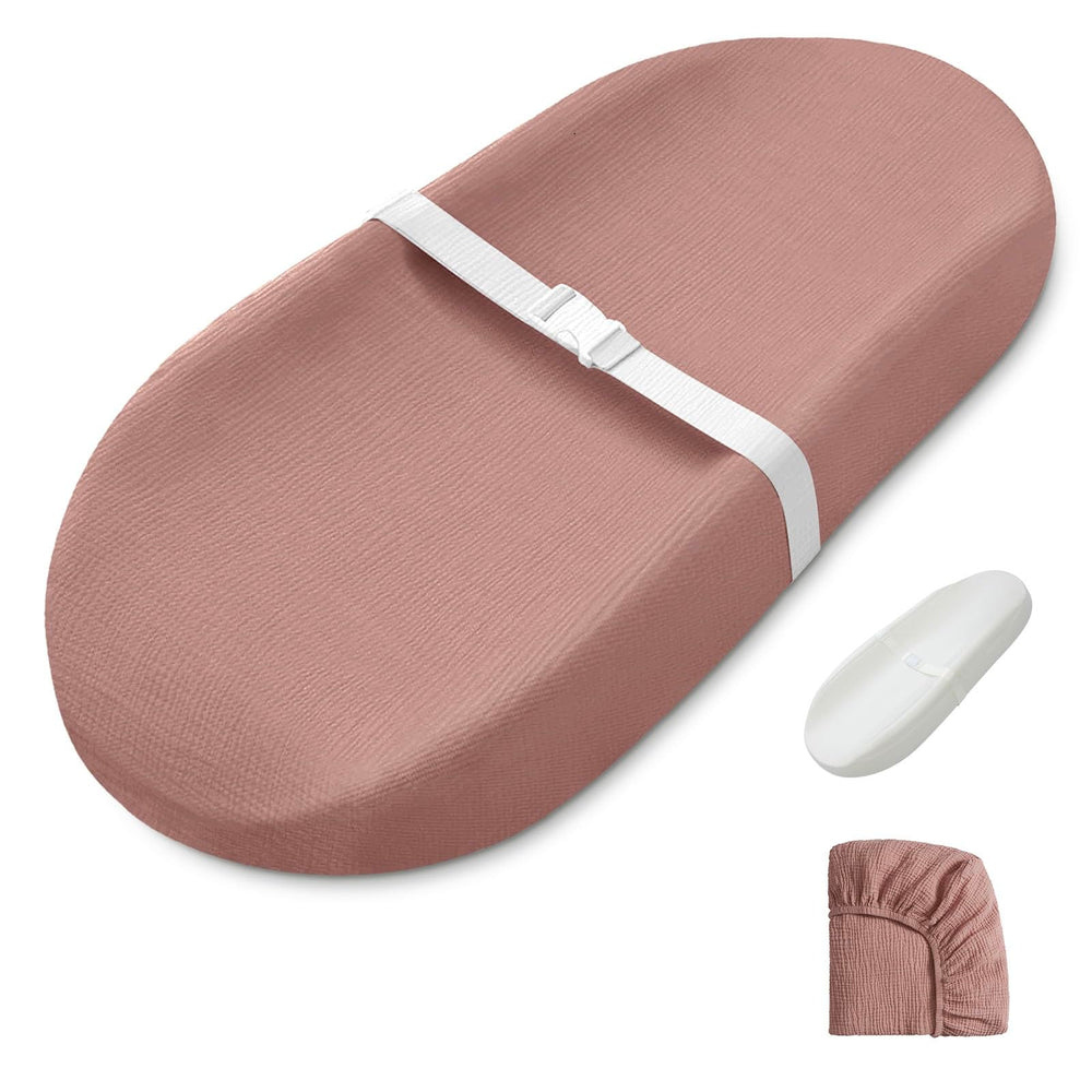Blissful Diary changing pad in dusty pink cover with secure fit and easy wipe-clean surface
